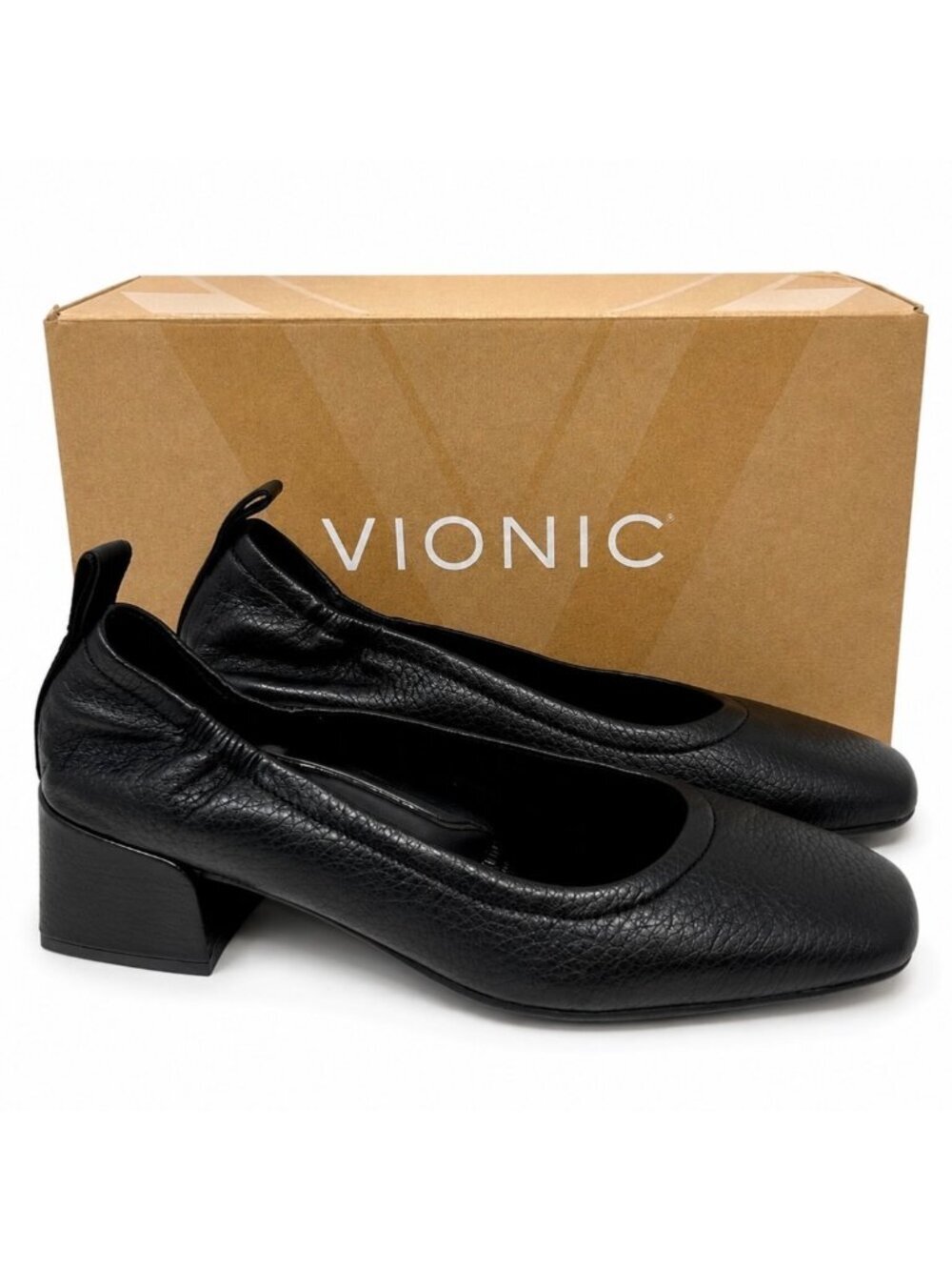 Vionic Ramona Black Nappa Leather Pumps Womens 6.5 Comfort Block Heel